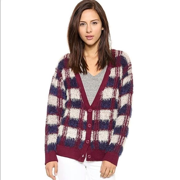 JOA Los Angeles Checked Feather Yarn Cardigan Sz L - Picture 13 of 13